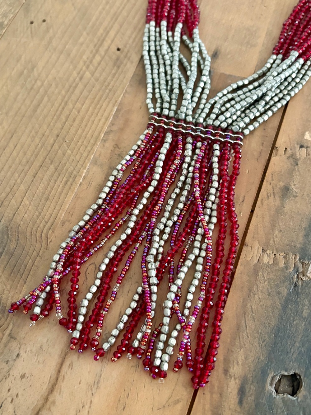 HIMALAYAN GEMS RED AND SILVER BEADS WATERFALL TASSEL NECKLACE